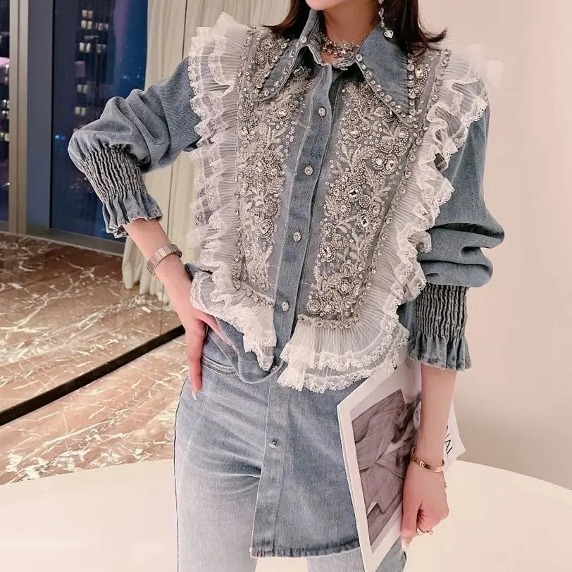 Eleganta kvinnor diamanter pärlblommor jeansblusar strass jeansskjortor paljettkofta kristall ytterkläder borrningstoppar blusor: Xl / Blå
