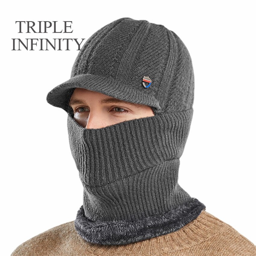 TRIPLE INFINITY Winter Men Knitted Hat Thick Windproof Dust-proof Sun Visor Hats Outdoor Cycling Warm Bonnet Male Baseball Cap: Hat And Scarf E