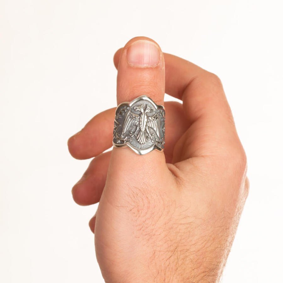925 Sterling Silver Dirilis Ertugrul Gazi Thumb Rings Double Headed Eagle Men Jewelry Plain Model Turkish Special Hoop Zihgir