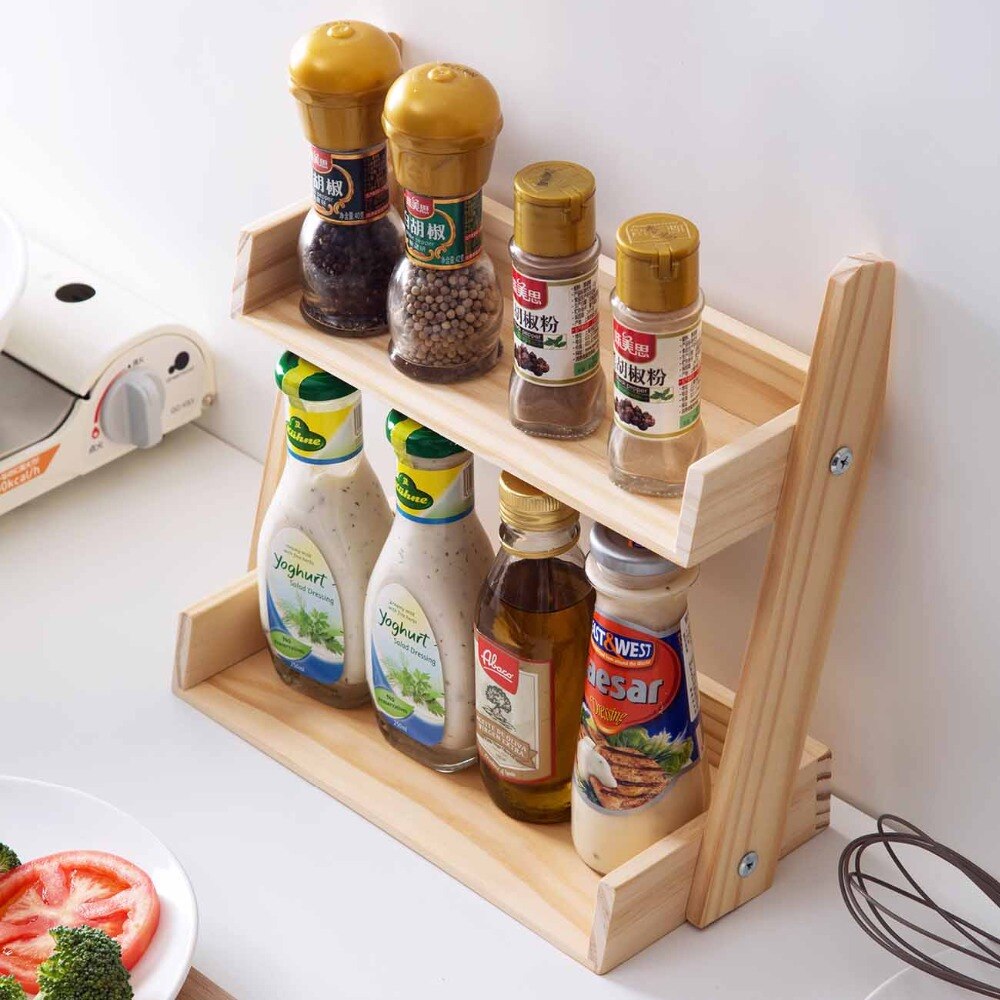 Desktop Wood Shelf Kitchen Rack Organizer Kitchen Storage Shelf Spice Rack Seasoning Jars Bottles Holder Kitchen Accessories