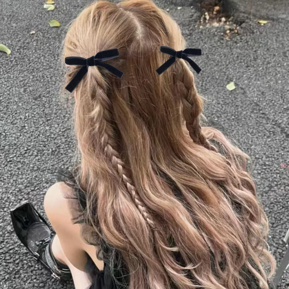 Pinza para el pelo con lazo pequeño de terciopelo negro Vintage para mujeres y niñas, Cinta Larga para boda, horquillas coreanas, pasador, accesorios para el cabello, 1/2 piezas