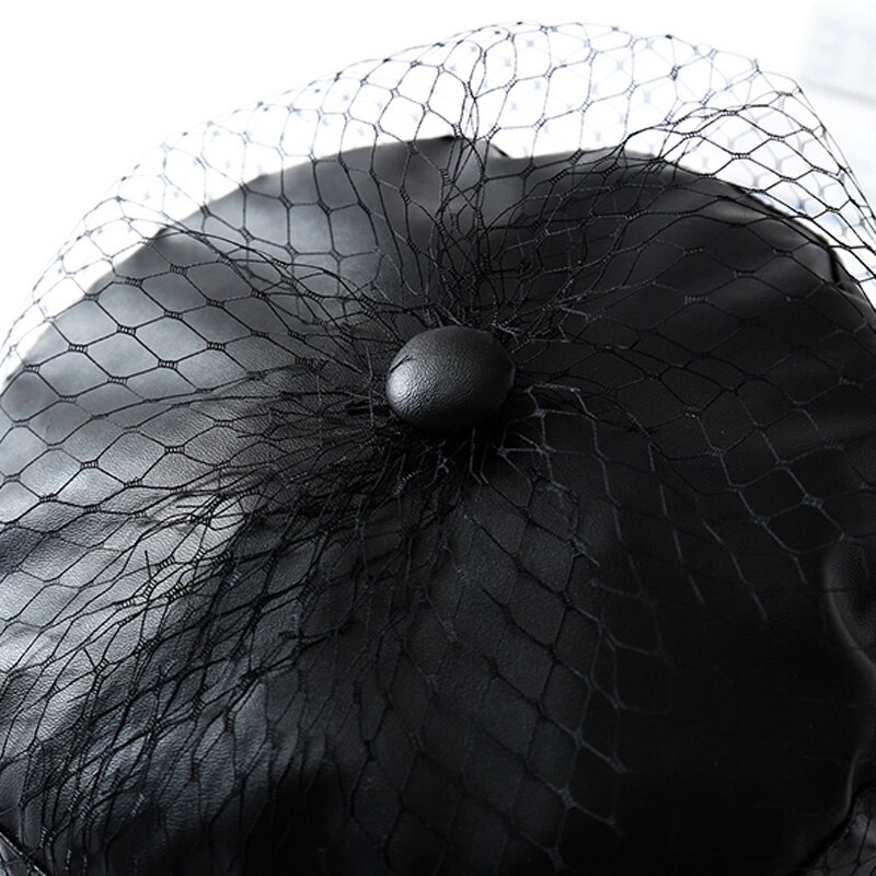 Gorros con velo de encaje de PU negro para primavera y verano, gorra plana con letras de malla negra, varios estilos,