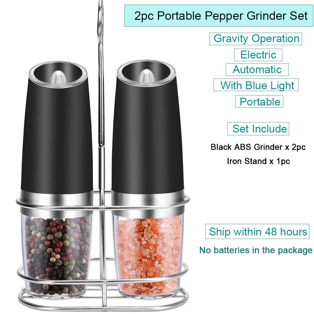 2Pcs Zwaartekracht Elektrische Zout En Peper Molen Automatische Pepermolen Led Licht Spice Kruid Batterij Keuken Gadgets Zwart En slive: Black 2pc Stand
