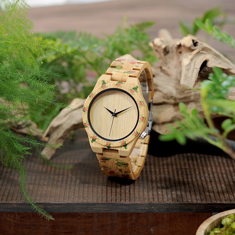 Bobo bird houten herenhorloges met bloemenprint van bamboeband, horloge voor heren, dameshorloges, herenhorloges