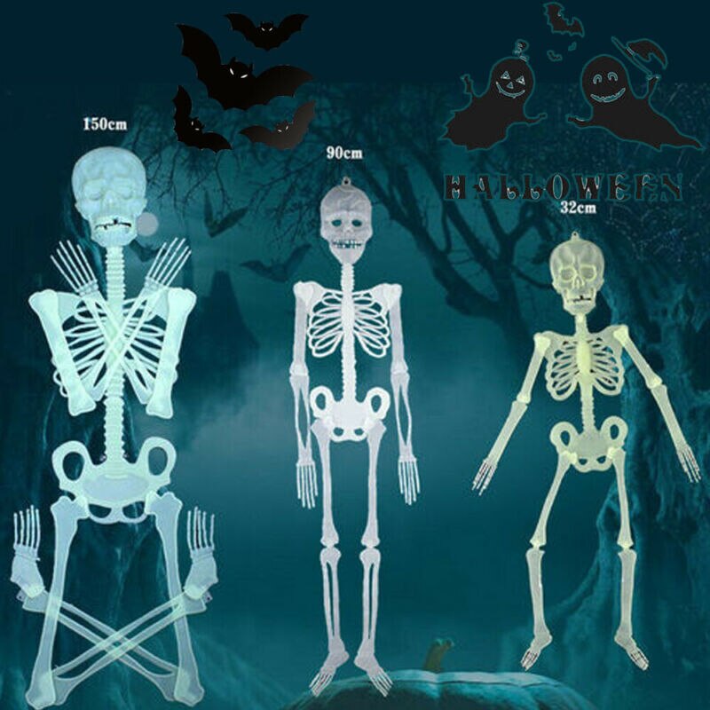 32/90/150cm Poseable Full Life Size Luminous Skeleton Halloween Decoration Party Yard Prop