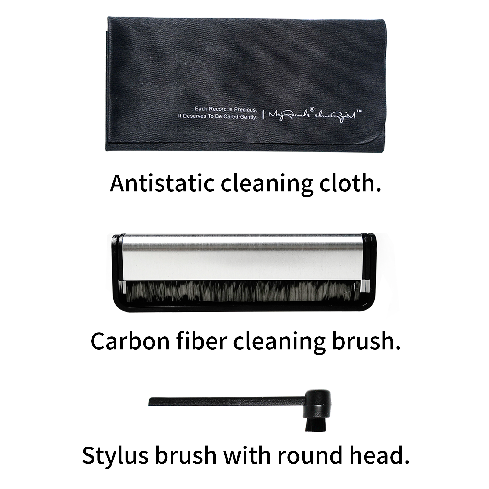 Zestaw robić czyszczenia płyt winylowych: szczotka antystatyczna z włókna węglowego, ściereczka robić czyszczenia, usuwanie kurzu robić gramofonu LP.