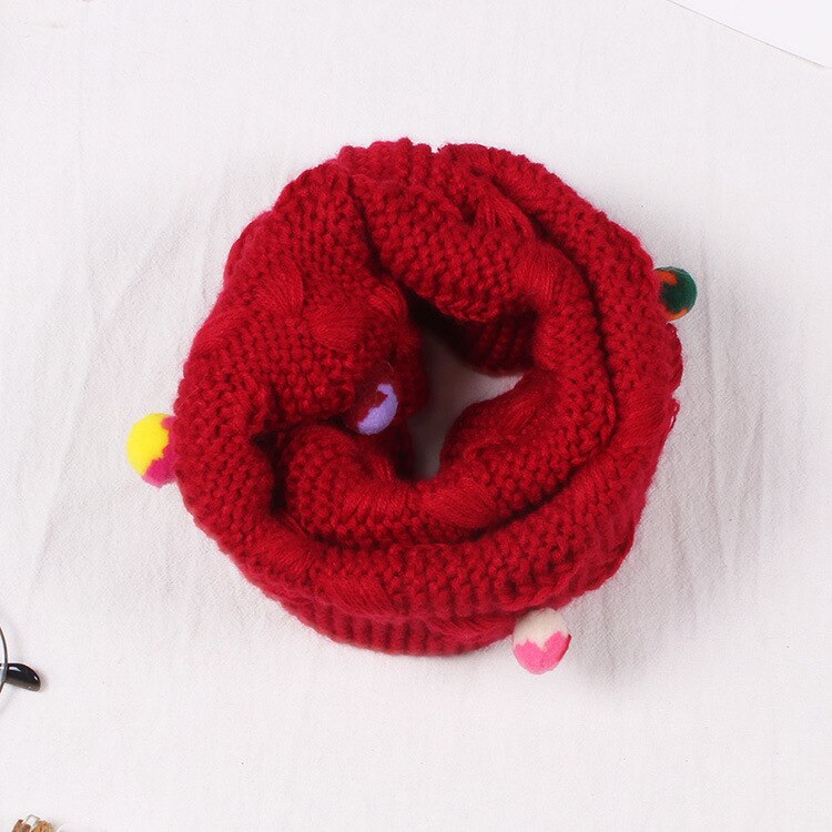 Höst vinter pojkar tjejer halsduk baby barn halskrage färgglad pompom godis halsduk varm tjock stickad ull barn o ring halsdukar: Vinröd 1