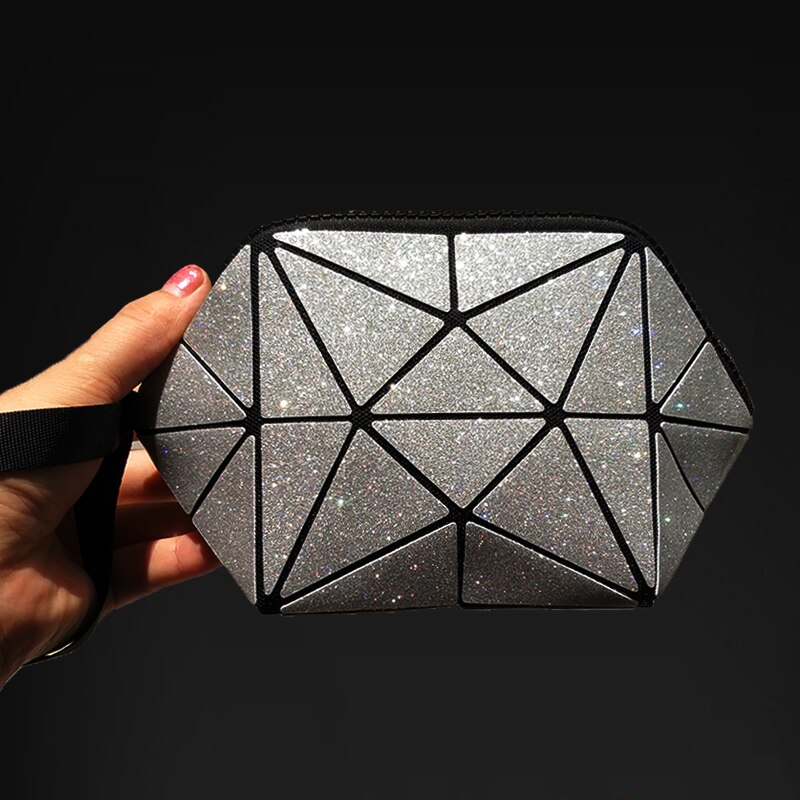 reflective geometric cosmetic bag for women: bling silver