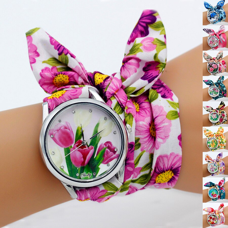 Shsby Dame Bloem Doek Horloge Vrouwen Jurk Horloge Stof Zoete Meisjes Armband Horloge Zilver 21 ~ 30 Horloges: Default Title