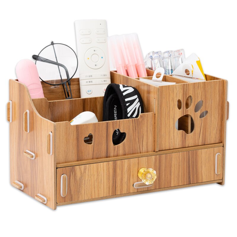 Desktop remote control organization storage box rack desk pen holder storage rack cosmetics sundries box: C-brown