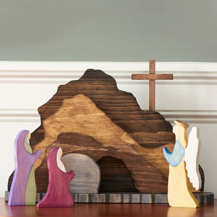 Scène de résurrection de pâques, décoration en bois, décor de pâques, croix en bois, décor de nativité en bois, œufs: A
