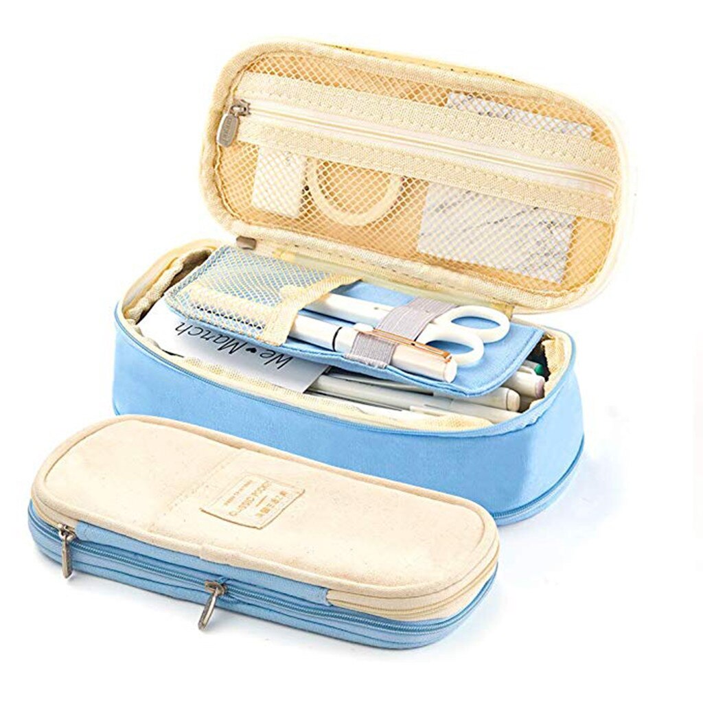 Canvas Large Capacity Pencil Case Pencils Pouch Stationery Pencil Bags Multifunctional Zipper School Portable Simple Storage bag: Light blue