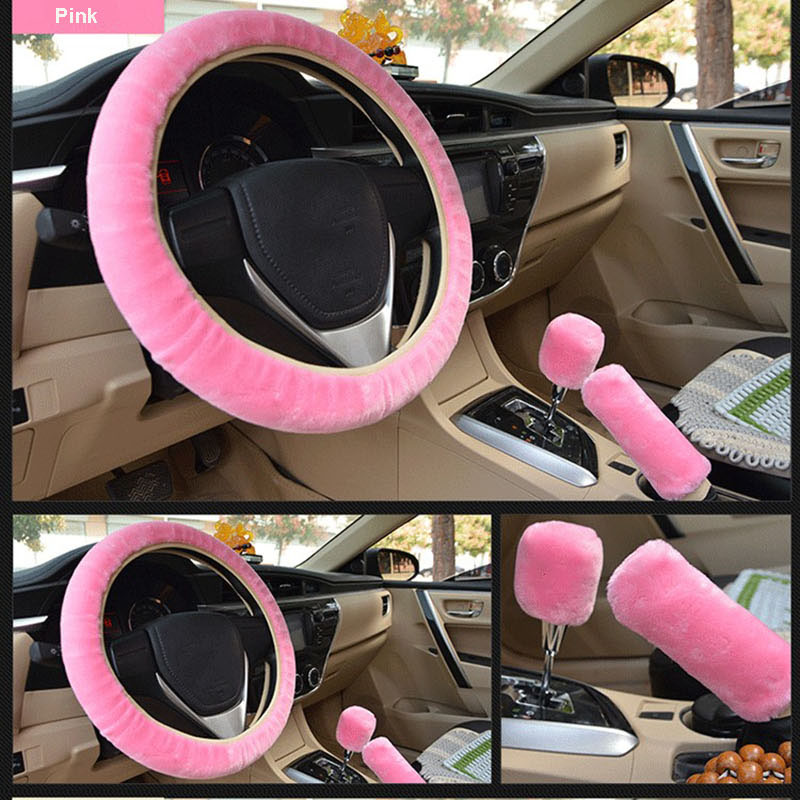 Auto Stuurhoes Versnellingspook Handrem Cover Protector Decoratie Warm Super Dikke Pluche Kraag Zacht Zwart Roze Vrouwen Man: Pink