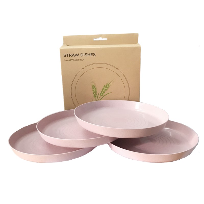 4pcs Pink Kitchen Wheat Straw Tableware Reusable Household Dishware Kids Adult Spoon Fork Cup Salad Soup Bowl Plate: C1-4pcs pink plate