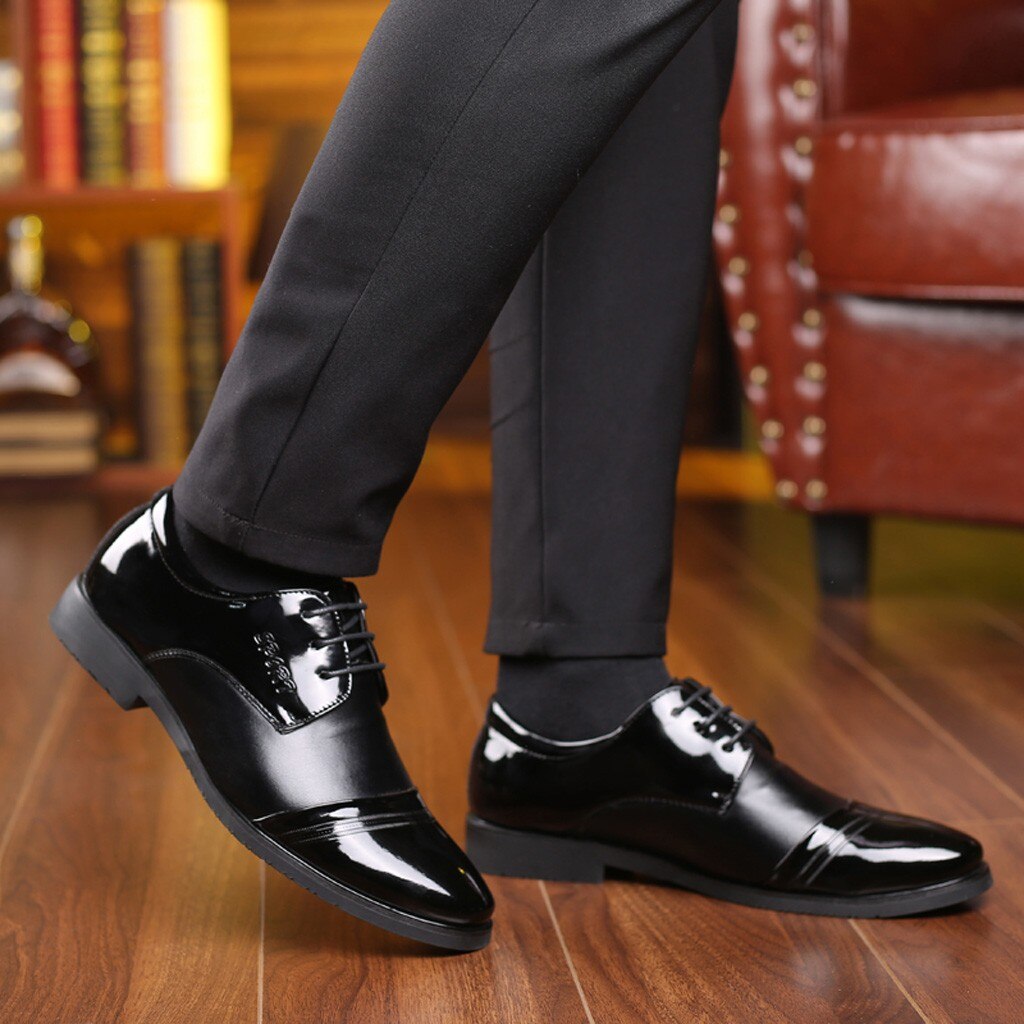 Black Leather Boots Men High Heel Pointed Toe Lace-up Boots Business Wear Square Heel Shoes No Grinding The Feet G3