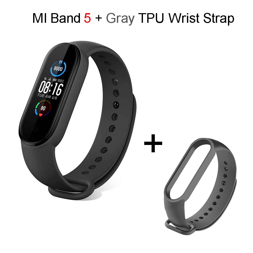 Xiaomi mi band 5 relógio inteligente, pulseira fitness, pedômetros para caminhar, monitor de frequência cardíaca, pedômetro, monitoramento de calorias à prova d&#39;água: Global Add Gray