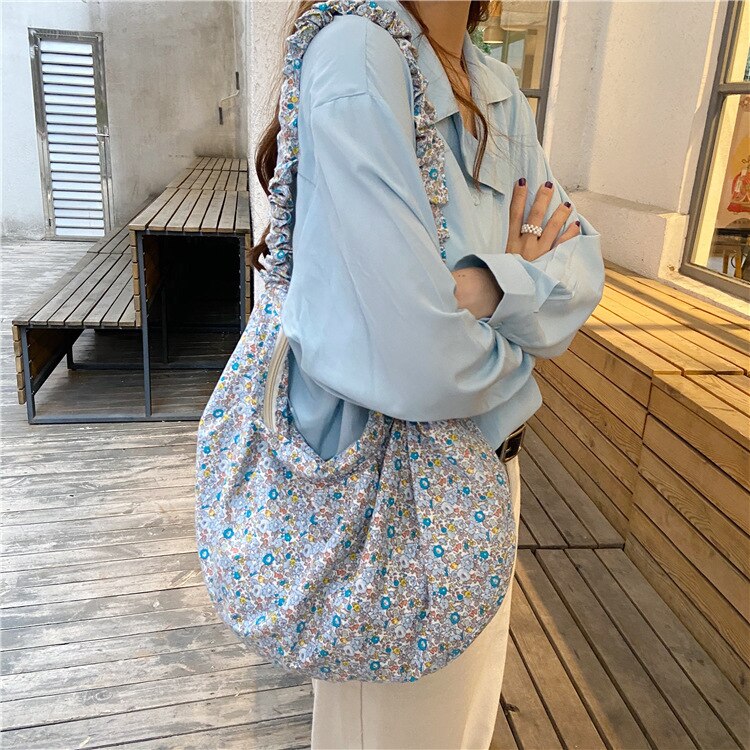 Zoete Bloemen Hobos Vrouwen Schoudertassen Casual Canvas Messenger Bag Lady Grote Capaciteit Bakken Vintage Big Portemonnees Vrouwelijke Sac: blue