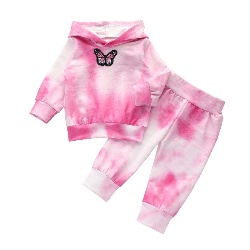 Ensemble 2 pièces pour bébés filles, vêtements à la pour l'automne, broderie papillon avec teinture à manches longues, sweat-shirt + pantalon pour bébés: Rose / 3T
