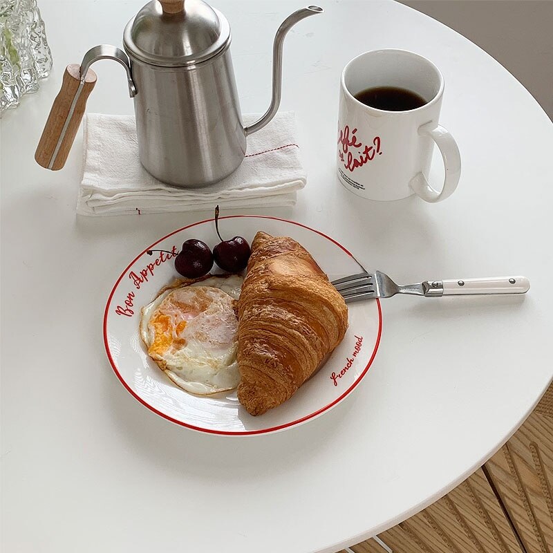 LadyCC French Retro Red Line Ceramic Dessert Plate French Letter Breakfast Plate Pasta Plate Bread Plate Restaurant