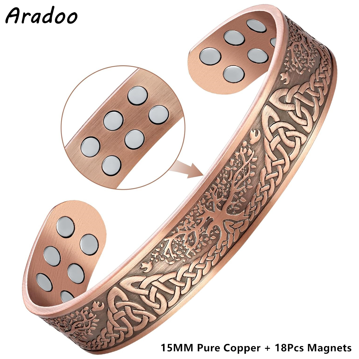 Aradoo pulseiras magnéticas de cobre para homens e mulheres com ímãs de neodímio árvore da vida pulseira de cobre puro joia presente