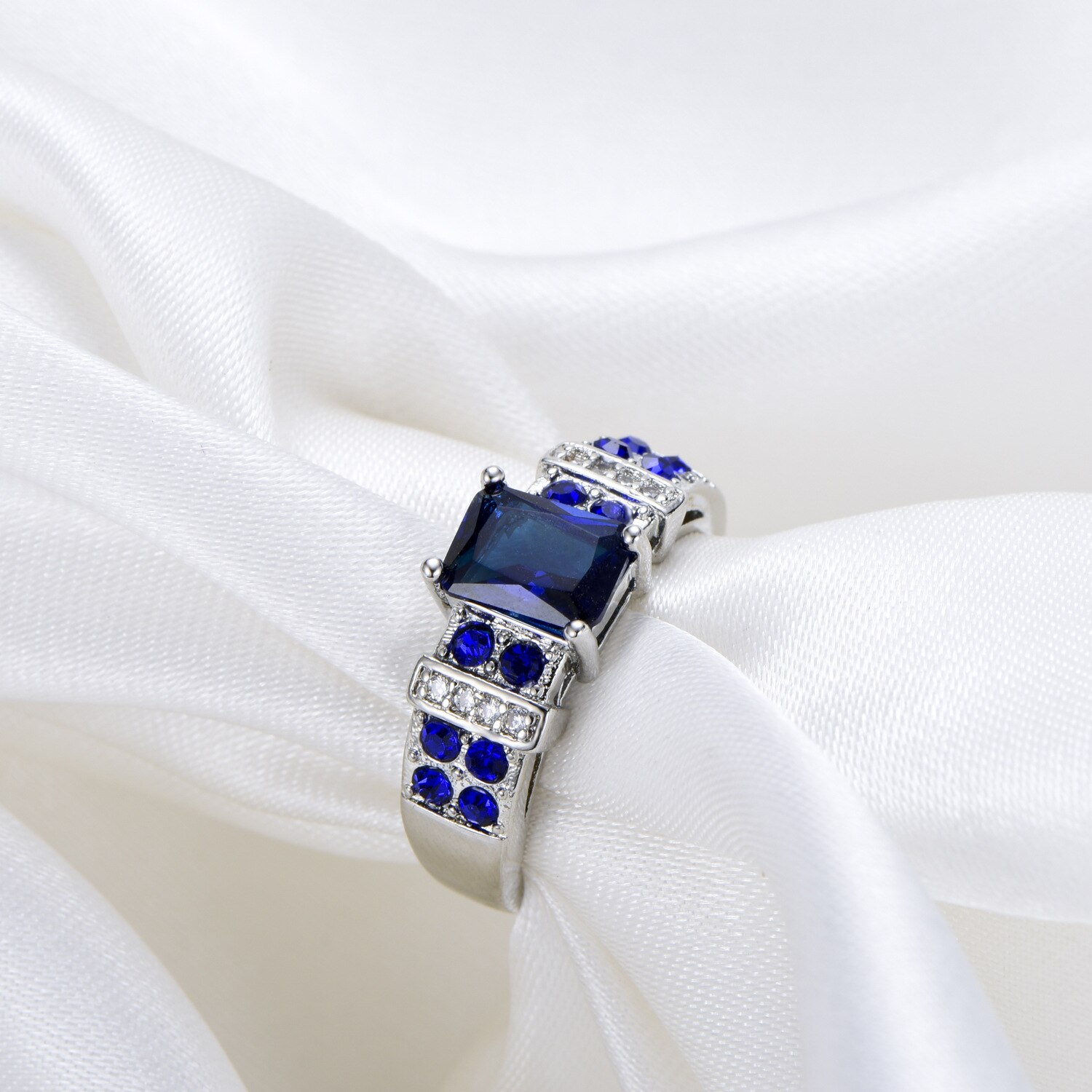 925 Sterling Zilver Blauw Rechthoek Zirkoon Engagement Ringen Voor Vrouwen Grote Vinger Bruiloft Party Sieraden Mode R5017