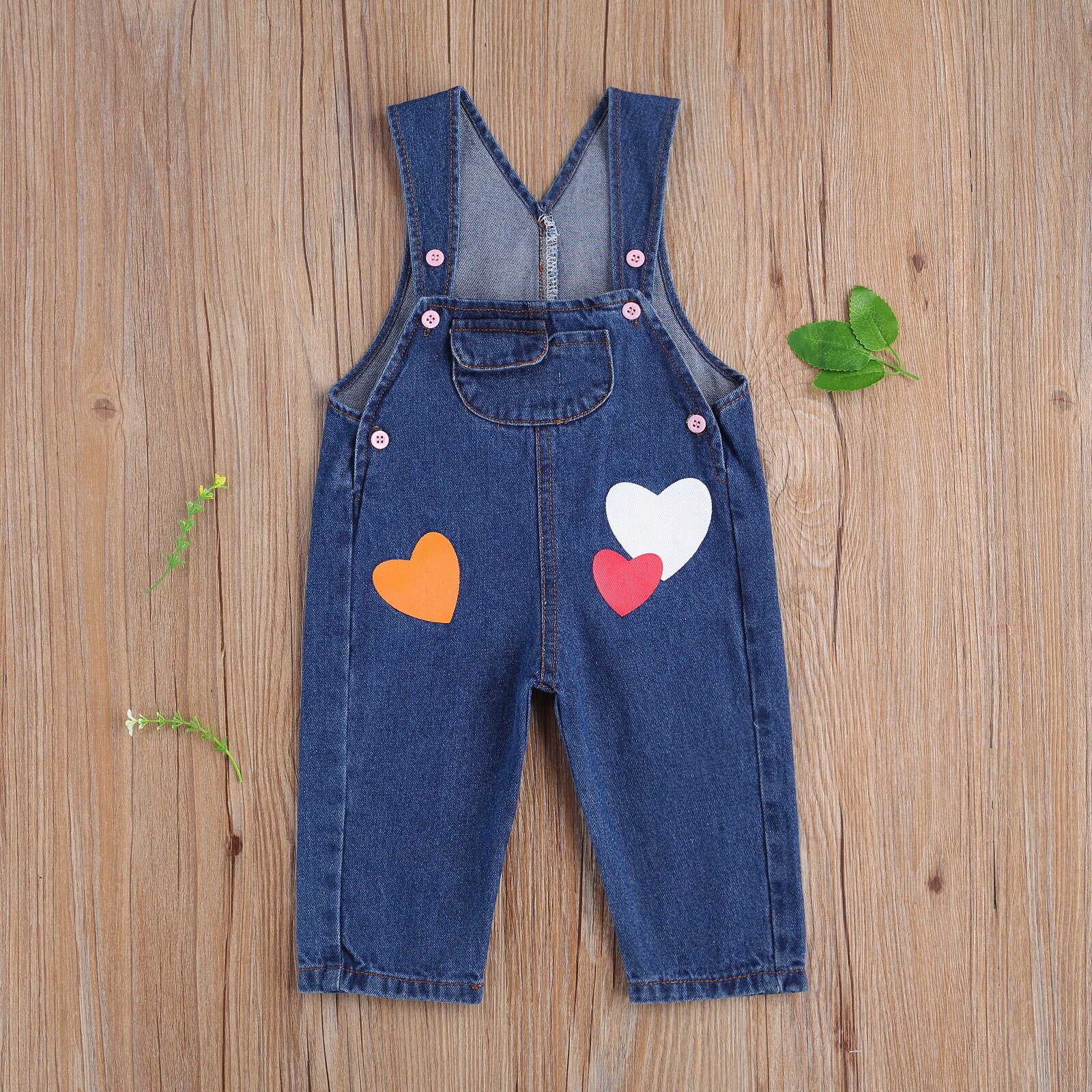 Citgeett Spring Autumn 0-12M Todder Baby Boy Girl Hearts Print Denim Suspender Pants Pockets Jeans Buttons Trousers 2 Colors