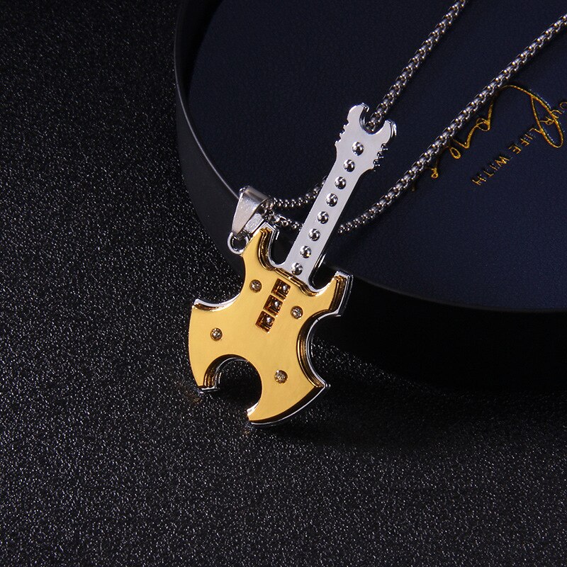 Stainless steel guitar pendant necklace men's trendy punk titanium steel sweater chain accessory jewelry
