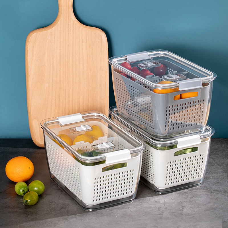 3 Size Fresh Vegetable Fruit Boxes Storage Containers Fridge Drip Basket Produce Refrigerator Storage Basket Set Kitchen Storage