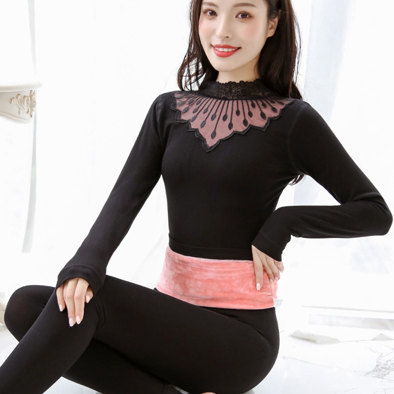Lace Turtleneck Velvet Underwear Women Inner Wear Warm Suit Winter Thermal Clothing Female Thick Pajamas Long Johns
