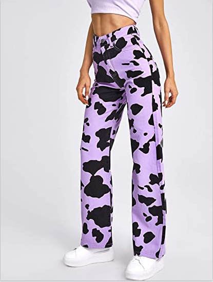 Jeans droits pour femmes, pantalon décontracté de Style coréen à motif de peau de vache sauvage, taille haute, tendance, Streetwear quotidien pour toutes les saisons: Purple / XS