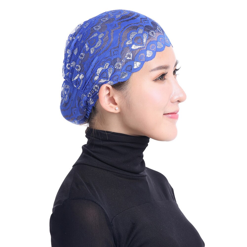 Vrouwen Moslim Stretch Kant Tulband Hoed Chemo Cap Haaruitval Hoofd Sjaal Wrap Cap: Blue 