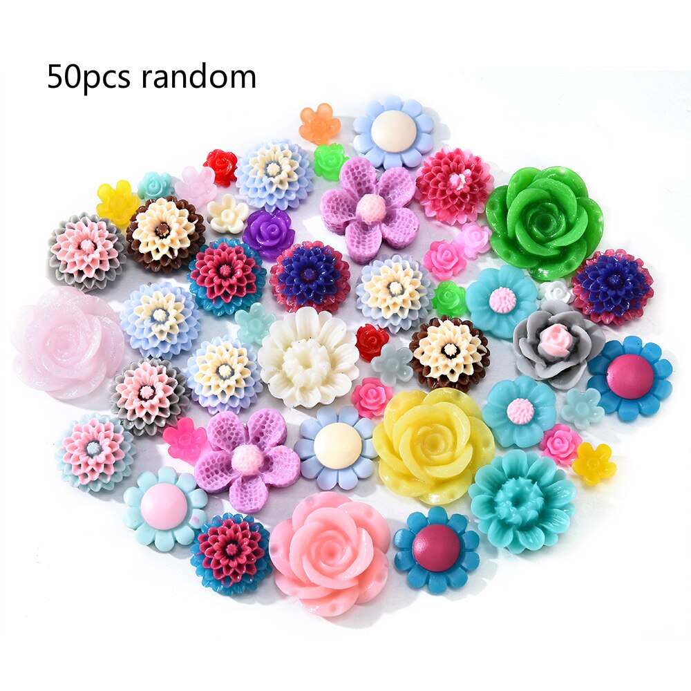 50 stuks willekeurige gemengde kleuren harskralen rozenbloem platte achterkant versiering cabochons knutselen diy 3d voor nagelkunst decoraties: Default Title