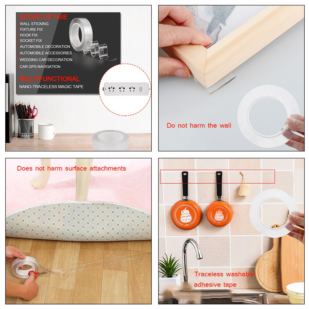 Double Sided Traceless Adhesive Nano Tape Removable Washable Reusable Tape outdoor walls, kitchens, bathrooms, carpet fixing