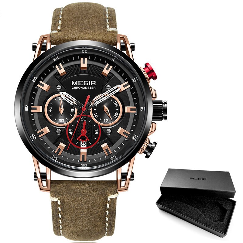 Megir Mannen 24 Uur Quartz Horloges Lederen Band Chronograaf 3atm Waterdicht Army Horloge Man Relogios Masculino 2085 Zwart: ML2085G-Brown-Black