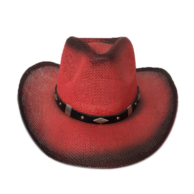 YY Red Cowboy Cap With Wide Brim Men Summer Passionate Sunhats Women Punk Jazz Hat Hollow Breathable Beach Cap CM19015