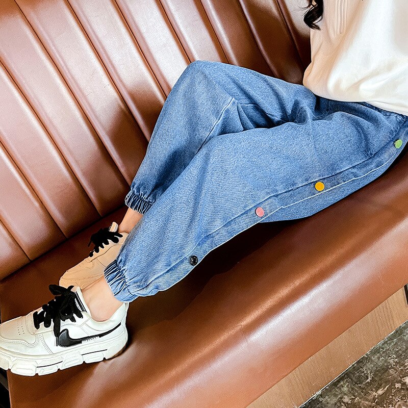 Pantalones vaqueros con botones laterales para niñas, ropa holgada para niños de 4, 6, 7, 8, 9, 10, 12 y 14 años, novedad, primavera y otoño
