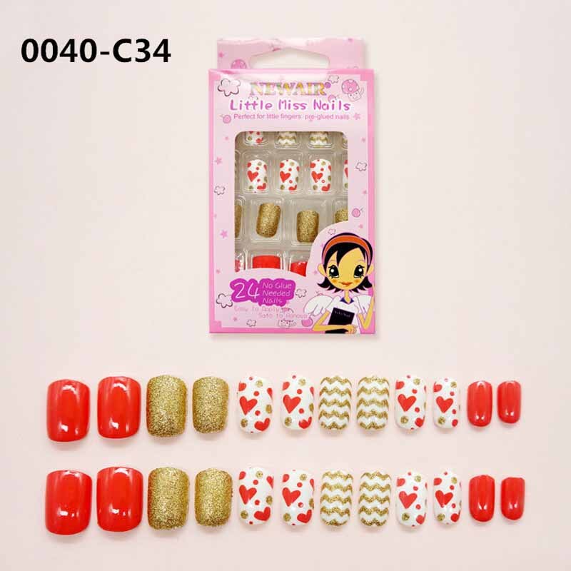 Boîte de faux-ongles courts à pression pour enfants, couverture complète, style différent avec un motif, 24 pièces/boîte, avec colle: style4