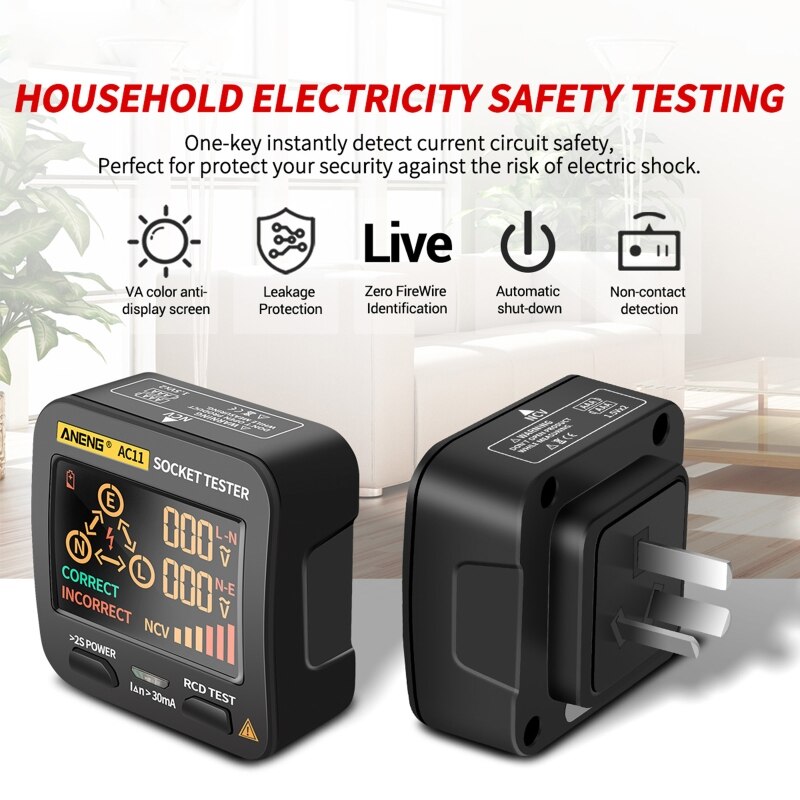 AC11 Electrical Leakage Detector Socket Tester Ground Wire Zero Line Live Wire Phase RCD NCV Checker Australia AU Plug