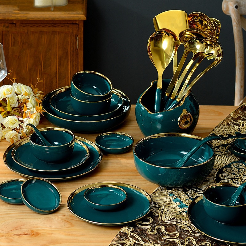 1pcs Green Porcelain Plate ceramic Dinner Plate Tableware Dinner Set Phnom Penh Exquisite Dinnerware Big Soup Ladle Leak Spoon