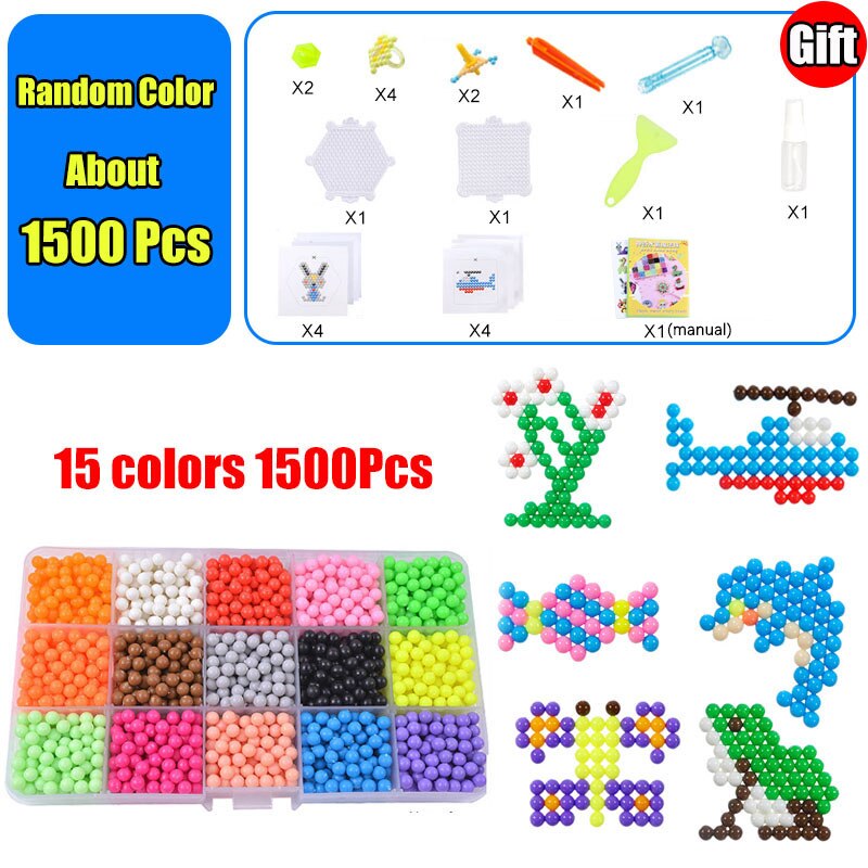 Refill Hama Beads Puzzle 3D Handmade Magic Aquabeads DIY Water Spray Beads Set Ball Games Children Toys for girls: 15Color 1500Pcs