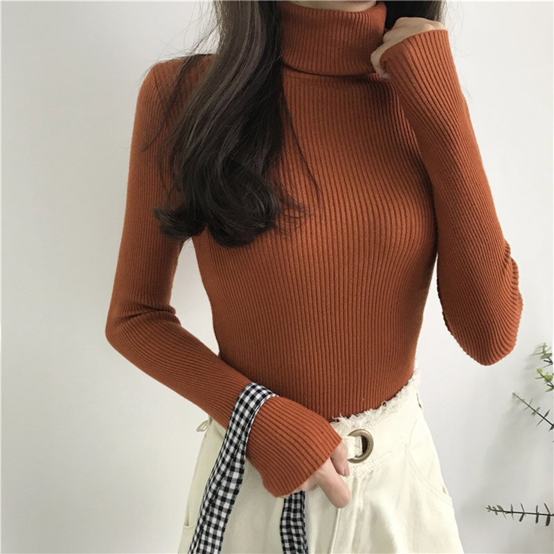 Pull épais pour femmes, Pull tricoté côtelé, Pull à manches longues, col roulé, Pull Slim et pour femmes, collection automne et hiver: Caramel