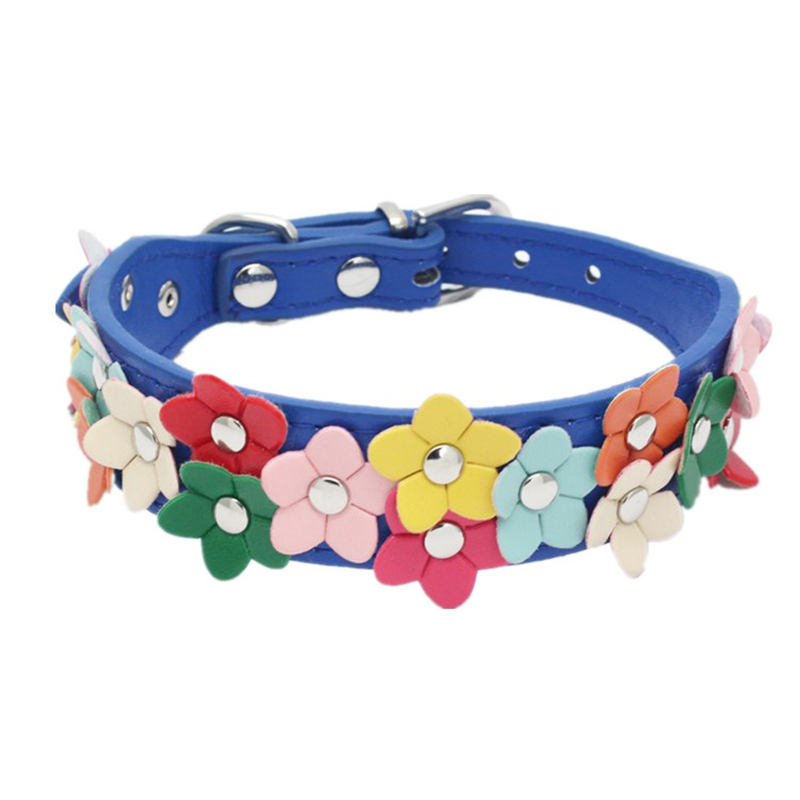Collare per cani regolabile fiore creativo con borchie cucciolo di cane cane PU collare in pelle fibbia gatti tracolla forniture per animali domestici collare per gatto per cani: Navy Blue / S(37x2.5cm)