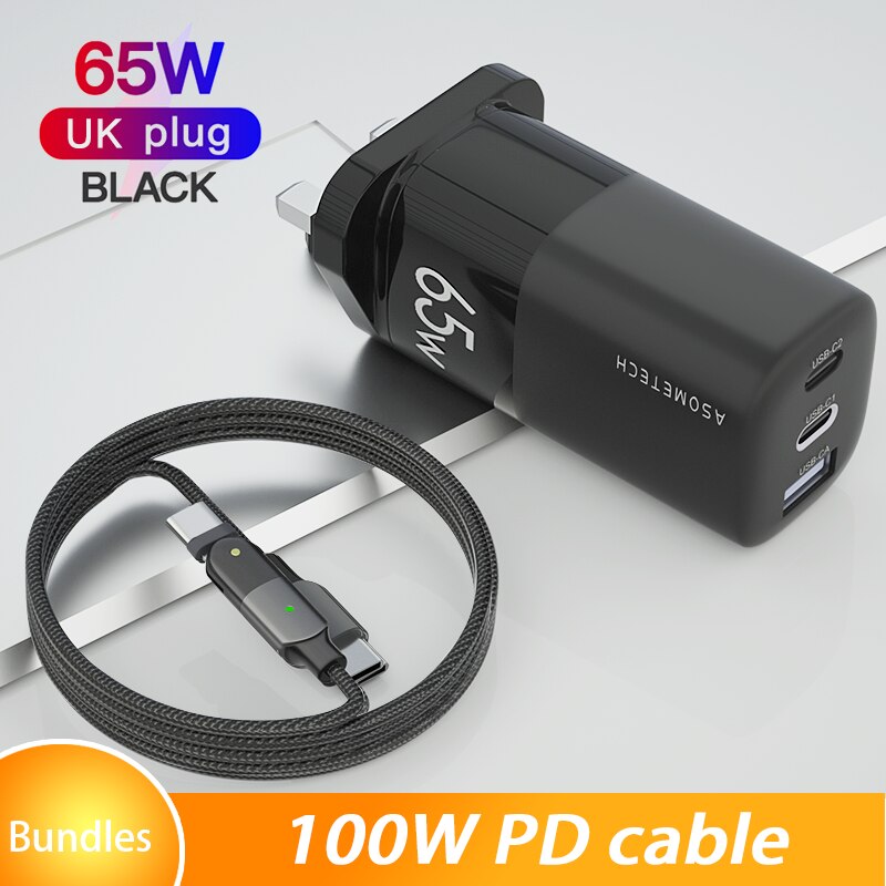 Gan 65w carregador rápido qc3.0 tipo c pd parede de carregamento dupla carga usb carregador rápido adaptador para iphone 11 xiaomi portátil huawei: UK Black with cable