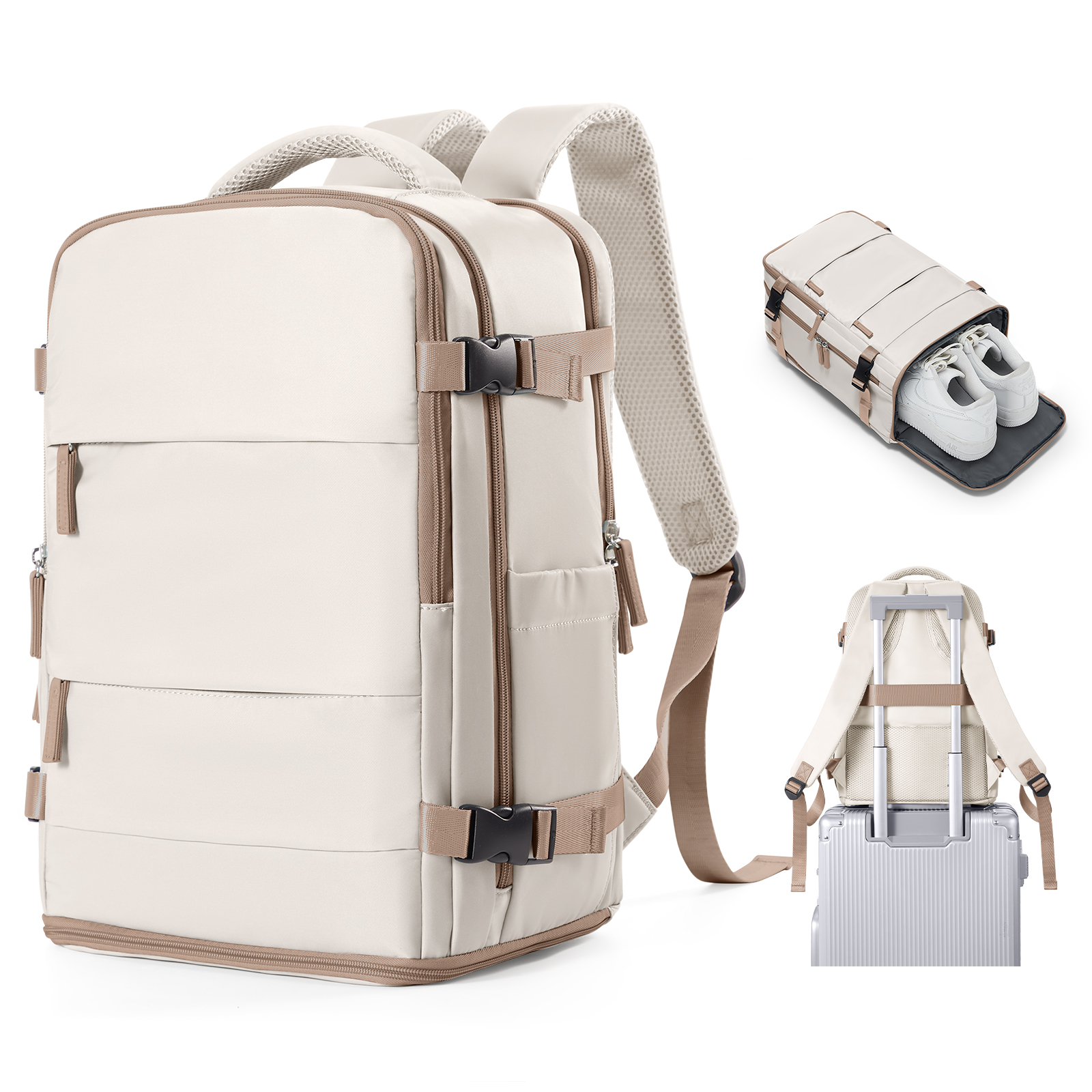Reisrugzak voor dames heren, handbagage 40x20x25 voor Ryanair Cabin reistas College boekentas Waterdichte laptoptas voor werk: Beige