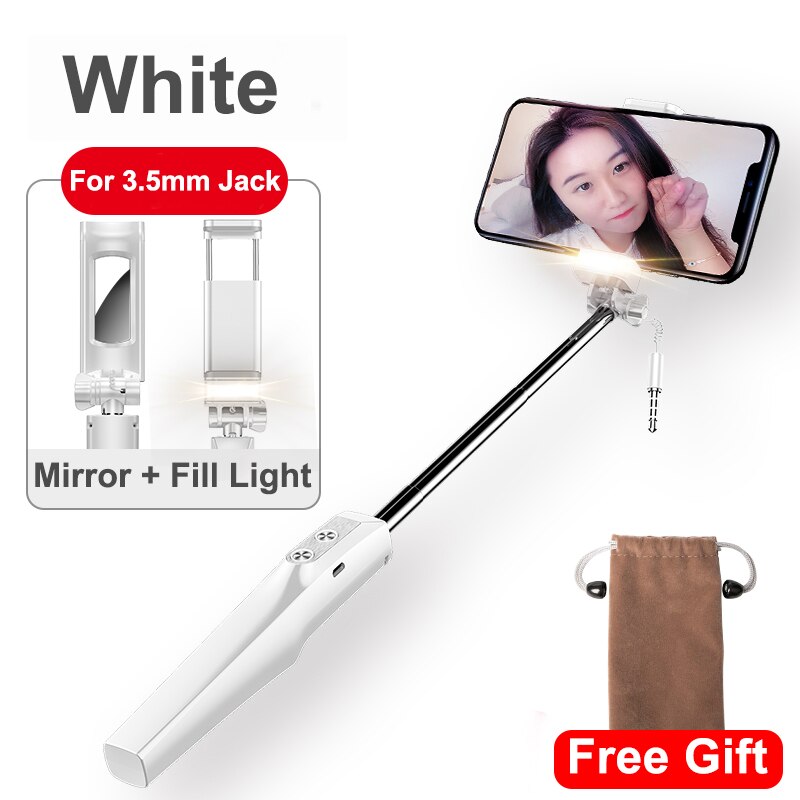 Baseus Wired Selfie Stick Voor Iphone Met Beauty-Huid Vullen Licht Achteruitkijkspiegel Uitschuifbare Zelf Stok 3.5 Mm Jack voor Samsung Huawei: White For 3.5mm Jack