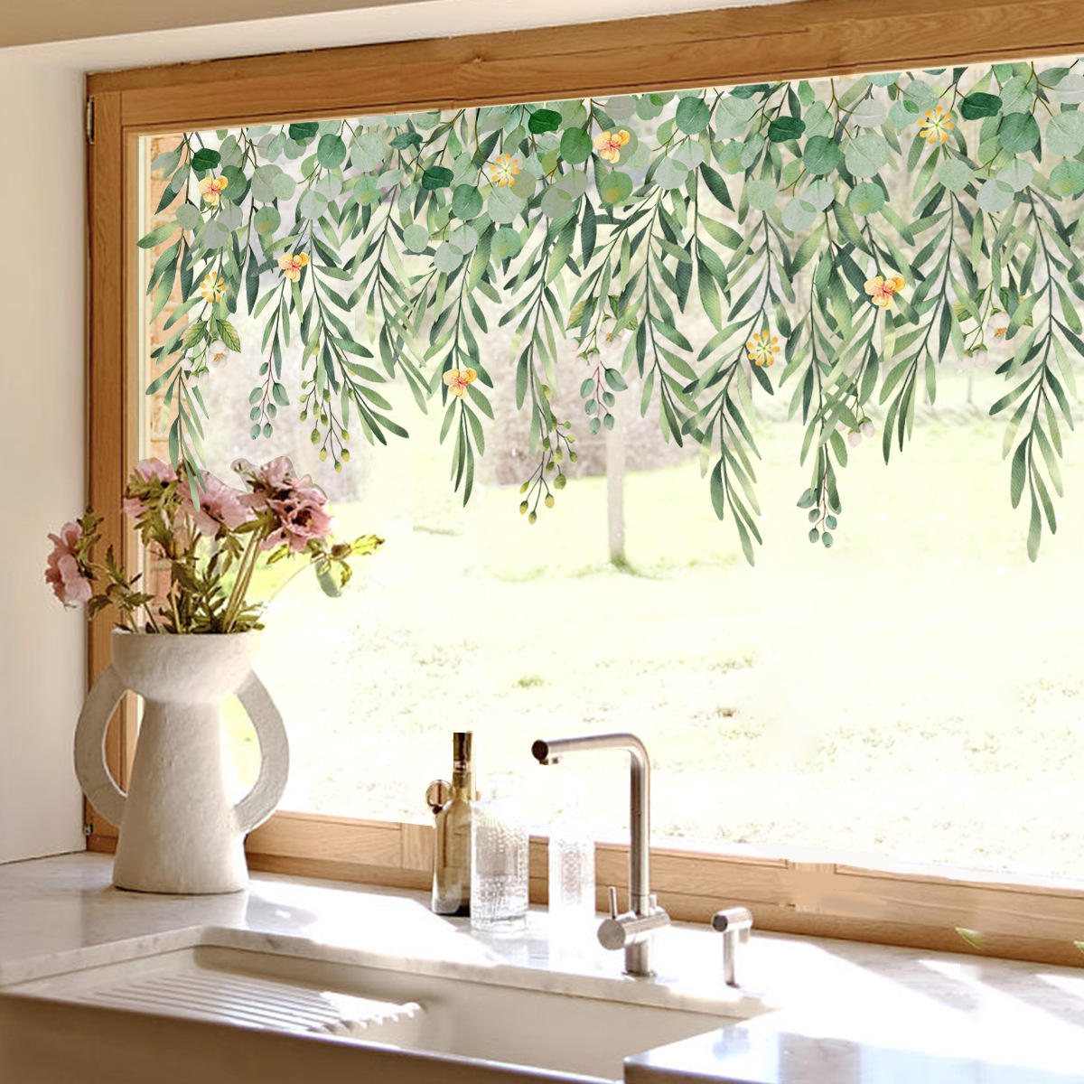 Ramitas de hojas caídas pintadas a mano, calcomanía de vidrio de flores frescas para exhibición de ventana o decoración de fondo de pared, autoadhesiva