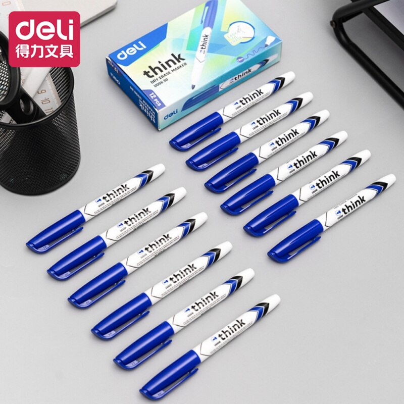 Deli 12pcs/box Whiteboard Pen Erasable Thick Head Large Writing Pen Glassroom Whiteboard Water Marker Meeting Office Stationary