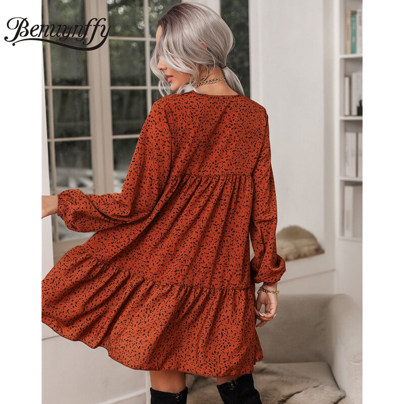 Benuynffy v-hals print ruche zoom smock jurk lente vrouwen boho mini jurken lange mouwen vrouwelijke casual losse jurk