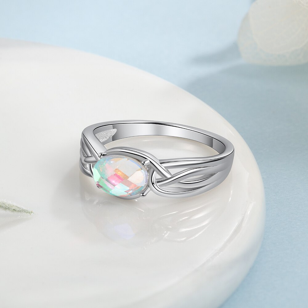 Jewelora Echt 925 Sterling Zilveren Regenboog Maansteen Ring Met Zirkoon Corss Zilver 925 Wedding Band Ring Voor Vrouwen Fijne Sieraden