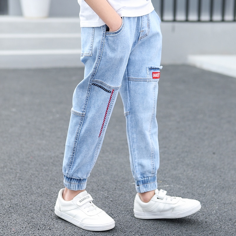 Crianças meninos jeans verão moda bordado calças crianças retalhos denim calças compridas crianças adolescente menino para calças casuais 6-14yrs
